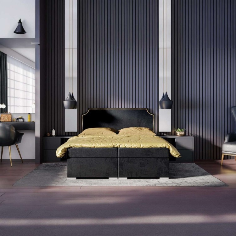 Czarne Łóżko Kontynentalne LUTO 160x200 cm z Pojemnikiem na Pościel