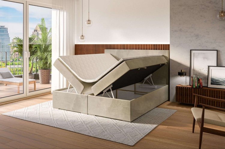 Beżowe Łóżko Kontynentalne LEMON 160x200 cm z Pojemnikiem na Pościel