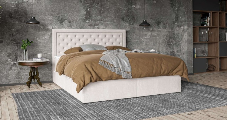 Beżowe Łóżko Kontynentalne GLAM 160x200 cm z Pojemnikiem na Pościel