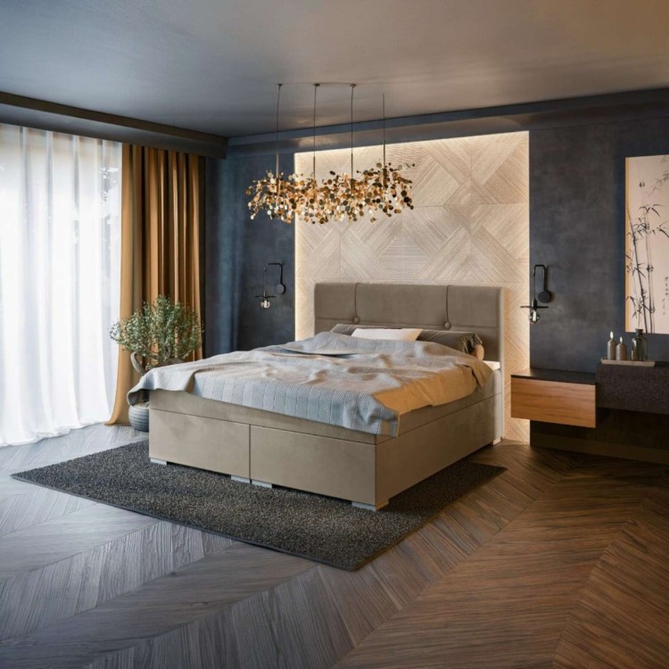 Brązowe Łóżko Kontynentalne GAJA 160x200 cm z Pojemnikiem na Pościel