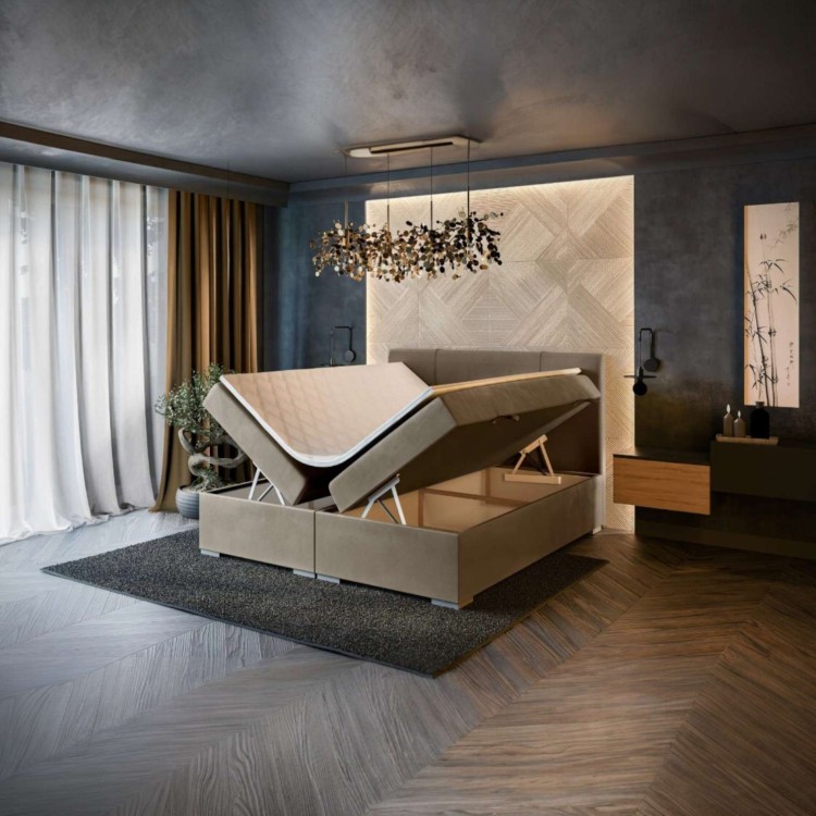 Brązowe Łóżko Kontynentalne GAJA 160x200 cm z Pojemnikiem na Pościel