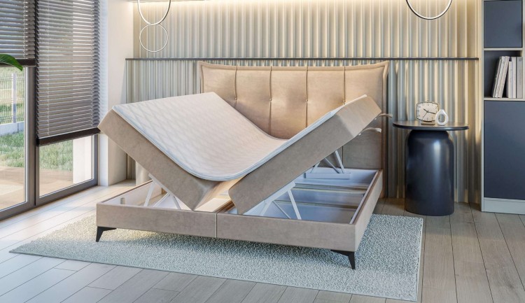 Beżowe Łóżko Kontynentalne FOX 160x200 cm z Pojemnikiem na Pościel