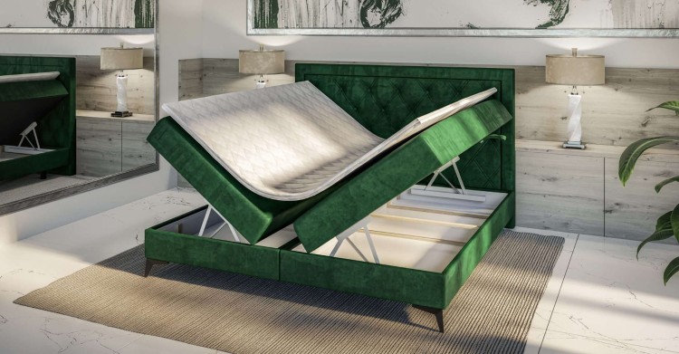 Zielone Łóżko Kontynentalne DUSTEN 180x200 cm z Pojemnikiem na Pościel