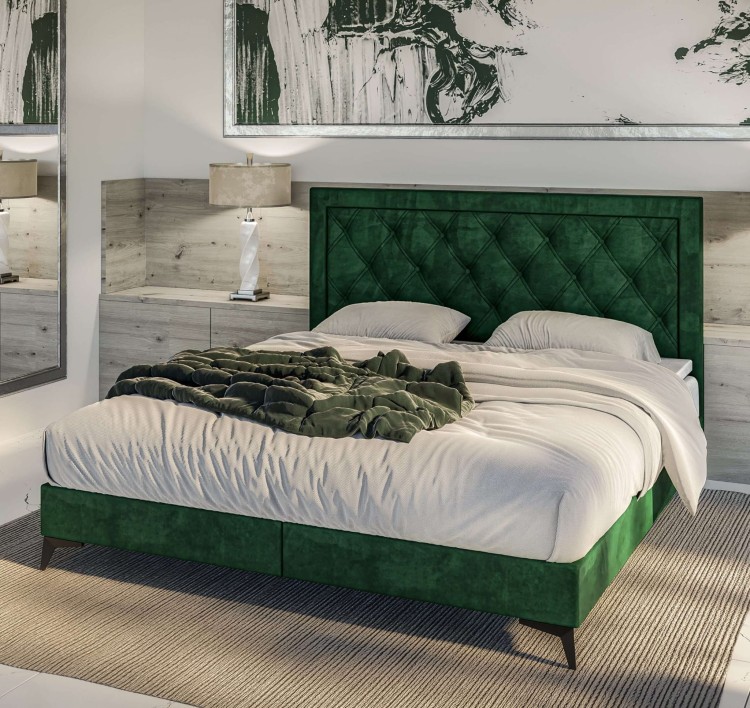 Zielone Łóżko Kontynentalne DUSTEN 160x200 cm z Pojemnikiem na Pościel