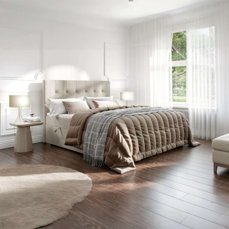 Beżowe Łóżko Kontynentalne DENIZE 160x200 cm z Pojemnikiem na Pościel