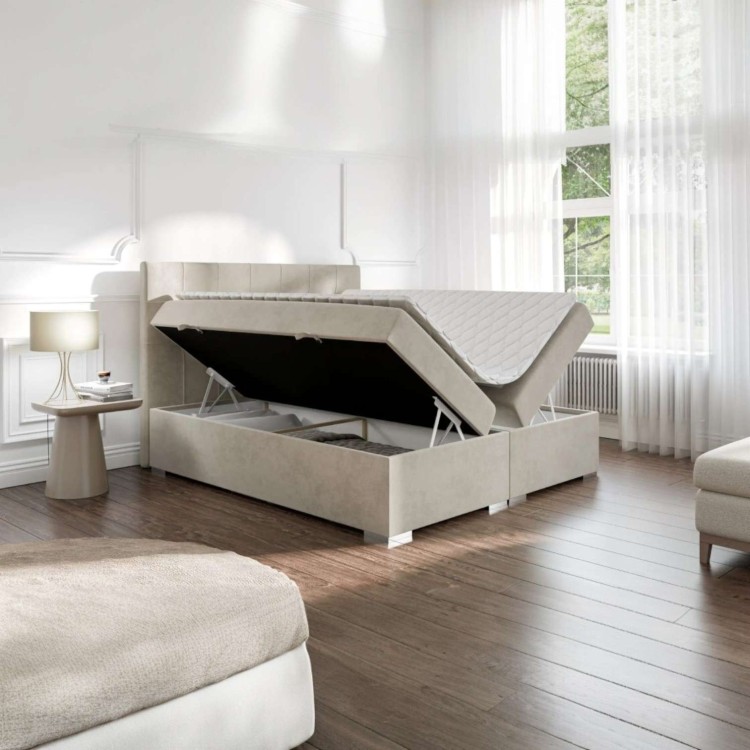 Beżowe Łóżko Kontynentalne DENIZE 160x200 cm z Pojemnikiem na Pościel