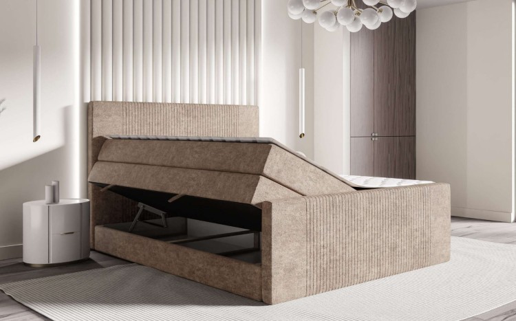 Kremowe Łóżko Kontynentalne ELEGANTE 200x200 cm z Pojemnikiem na Pościel