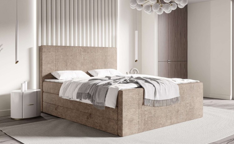 Kremowe Łóżko Kontynentalne ELEGANTE 200x200 cm z Pojemnikiem na Pościel