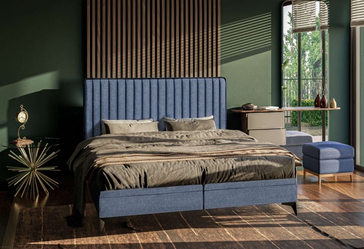 Granatowe Łóżko Kontynentalne SANDRO 160x200 cm z Pojemnikiem na Pościel