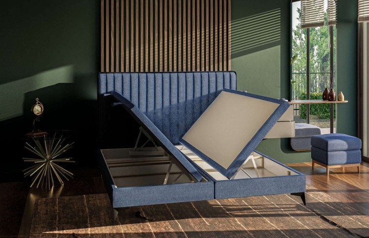 Granatowe Łóżko Kontynentalne SANDRO 160x200 cm z Pojemnikiem na Pościel