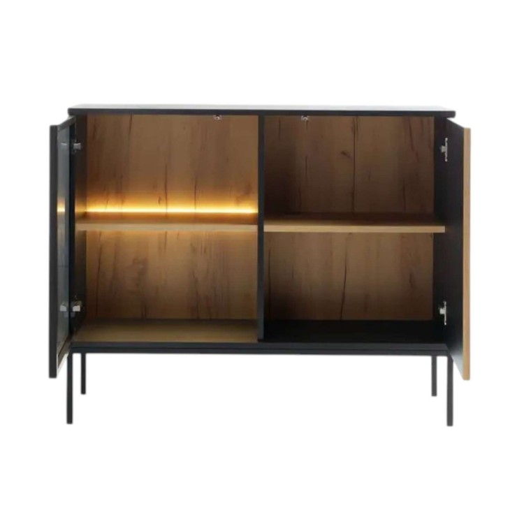 KOMODA czarna NOWOCZESNA z oświetleniem CAMELIA K104 ELEGANCKA CZARNY / DĄB WOTAN