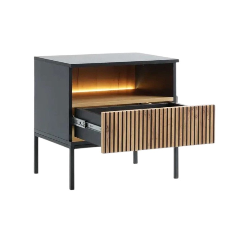 Stolik nocny czarny CAMELIA S54 z oświetleniem NOWOCZESNY CZARNY/DĄB WOTAN