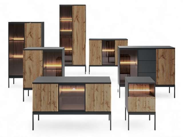 Stolik nocny czarny CAMELIA S54 z oświetleniem NOWOCZESNY CZARNY/DĄB WOTAN