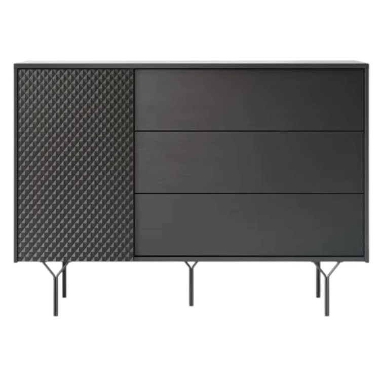 KOMODA loftowa ENIGMA SZEROKA 144 cm szuflady półki CZARNA GRAFITOWA metalowy stelaż