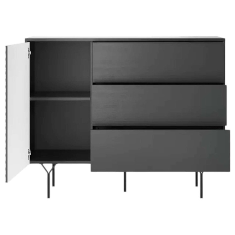 KOMODA loftowa ENIGMA SZEROKA 144 cm szuflady półki CZARNA GRAFITOWA metalowy stelaż