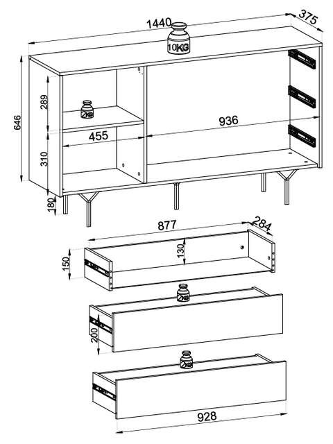 KOMODA loftowa ENIGMA SZEROKA 144 cm szuflady półki CZARNA GRAFITOWA metalowy stelaż