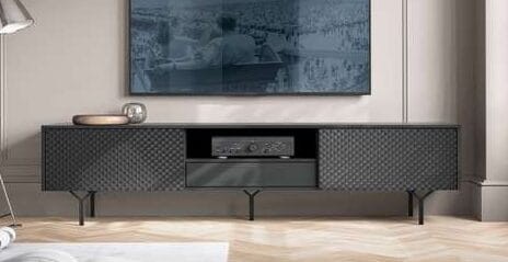 KOMODA loftowa ENIGMA SZEROKA 144 cm szuflady półki CZARNA GRAFITOWA metalowy stelaż