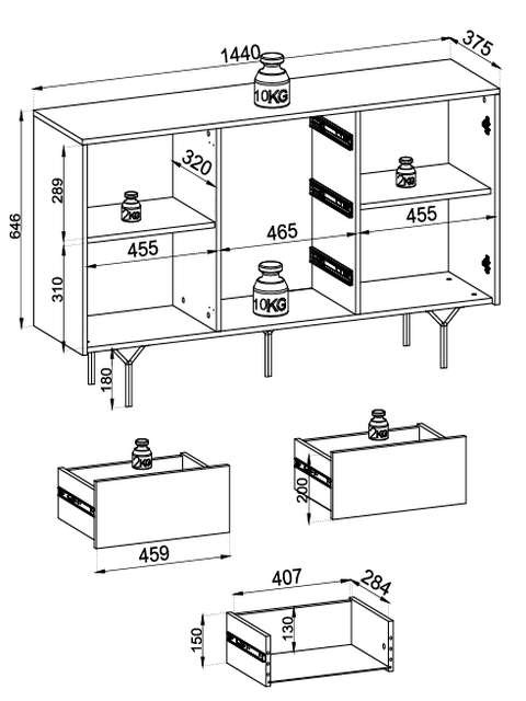 Komoda czarna 144 cm ENIGMA INDUSTRIALNA LOFTOWA pojemna SZUFLADY PÓŁKI metalowy stelaż