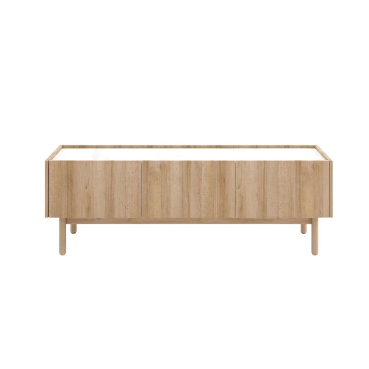 Komoda RTV144 NATURE skandynawska Dąb Riviera / Marmur Bianco z półkami minimalistyczna BOHO