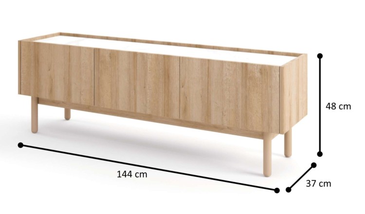 Komoda RTV144 NATURE skandynawska Dąb Riviera / Marmur Bianco z półkami minimalistyczna BOHO
