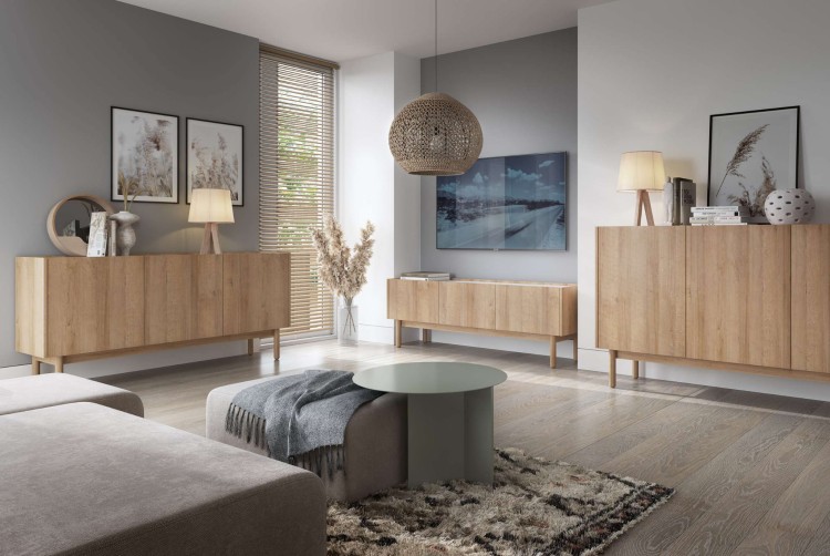 Komoda RTV144 NATURE skandynawska Dąb Riviera / Marmur Bianco z półkami minimalistyczna BOHO