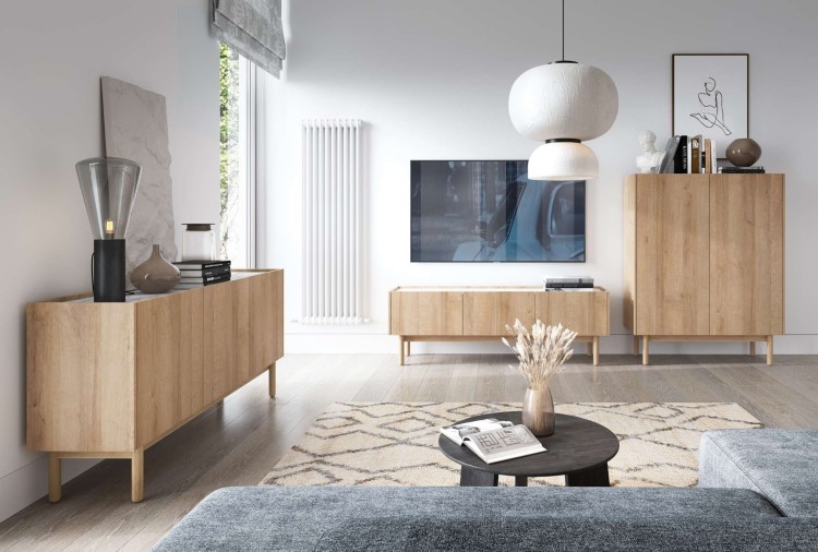 Komoda RTV144 NATURE skandynawska Dąb Riviera / Marmur Bianco z półkami minimalistyczna BOHO