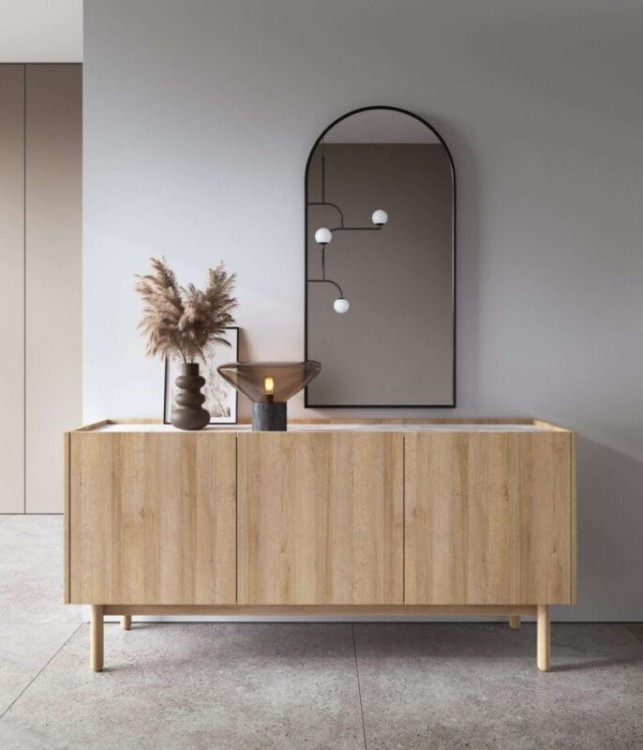 Komoda RTV144 NATURE skandynawska Dąb Riviera / Marmur Bianco z półkami minimalistyczna BOHO