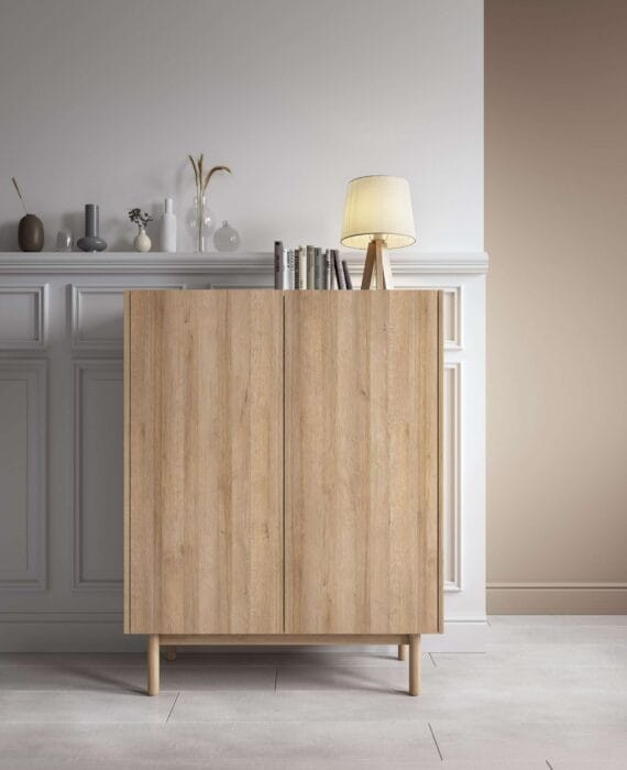 Komoda RTV144 NATURE skandynawska Dąb Riviera / Marmur Bianco z półkami minimalistyczna BOHO
