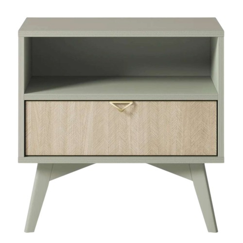 Stolik nocny ELEGIA beż/eukaliptus 54 cm BOHO do sypialni Z SZUFLADĄ skandynawski