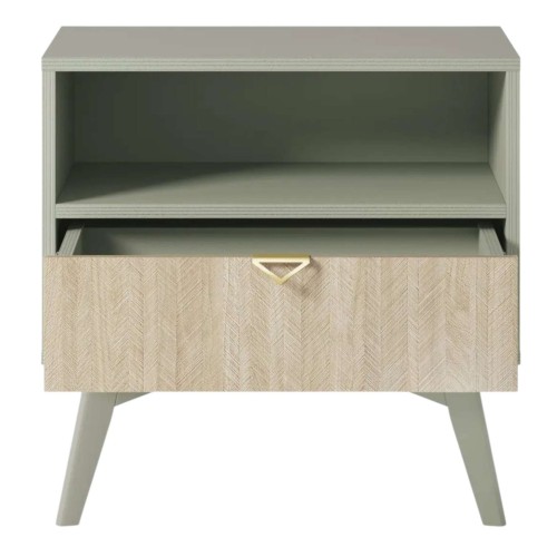 Stolik nocny ELEGIA beż/eukaliptus 54 cm BOHO do sypialni Z SZUFLADĄ skandynawski