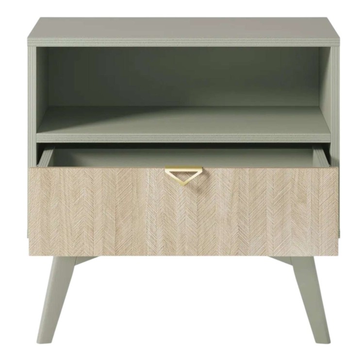 Stolik nocny ELEGIA beż/eukaliptus 54 cm BOHO do sypialni Z SZUFLADĄ skandynawski