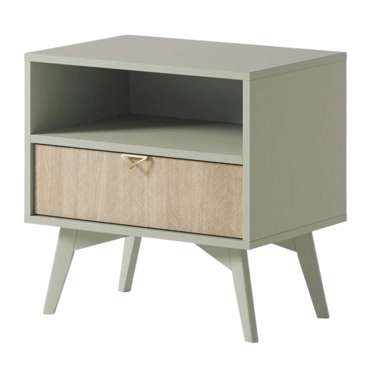 Stolik nocny ELEGIA beż/eukaliptus 54 cm BOHO do sypialni Z SZUFLADĄ skandynawski
