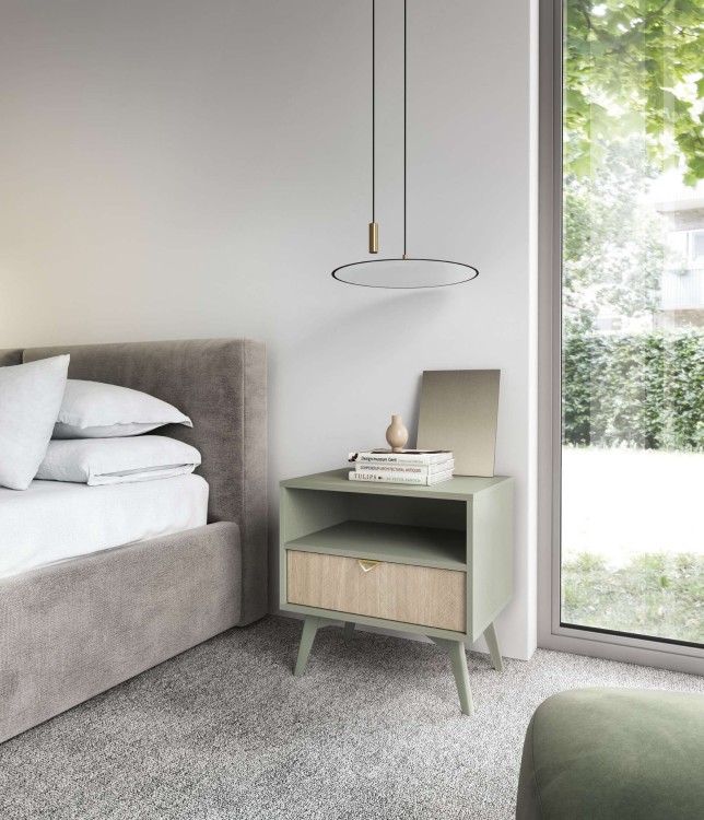 Stolik nocny ELEGIA beż/eukaliptus 54 cm BOHO do sypialni Z SZUFLADĄ skandynawski