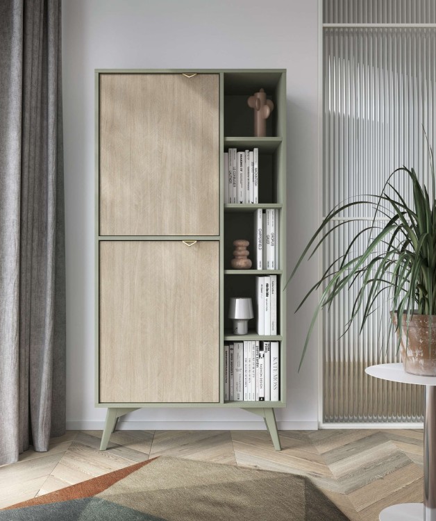 Stolik nocny ELEGIA beż/eukaliptus 54 cm BOHO do sypialni Z SZUFLADĄ skandynawski