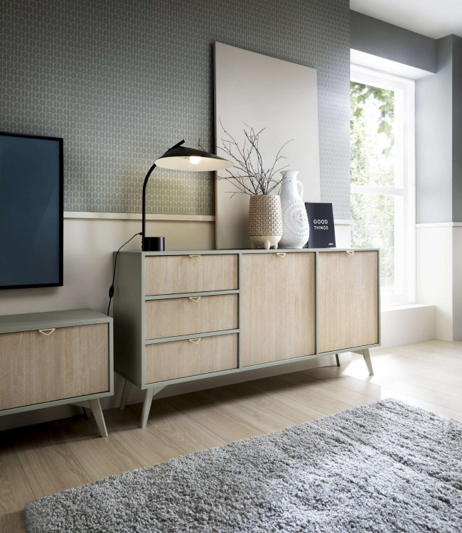 Stolik nocny ELEGIA beż/eukaliptus 54 cm BOHO do sypialni Z SZUFLADĄ skandynawski