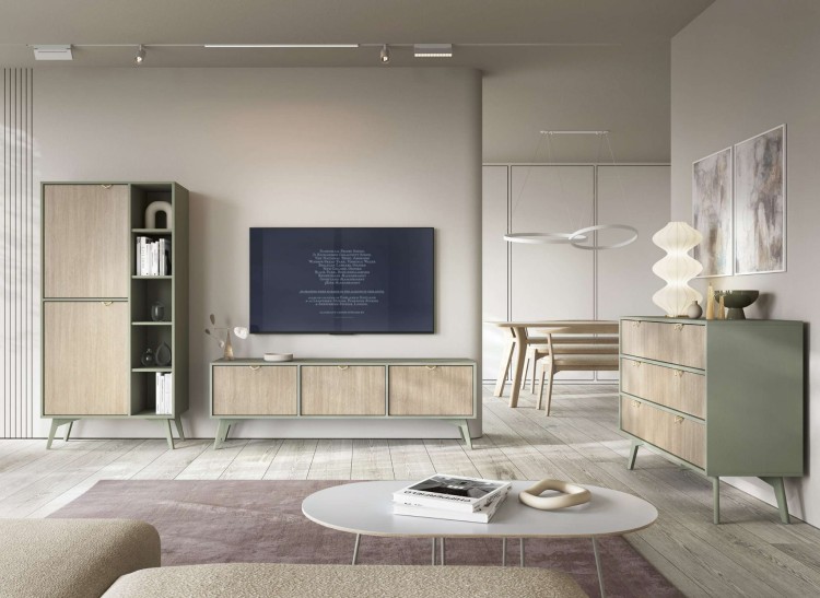 Stolik nocny ELEGIA beż/eukaliptus 54 cm BOHO do sypialni Z SZUFLADĄ skandynawski