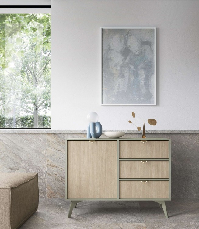 Stolik nocny ELEGIA beż/eukaliptus 54 cm BOHO do sypialni Z SZUFLADĄ skandynawski