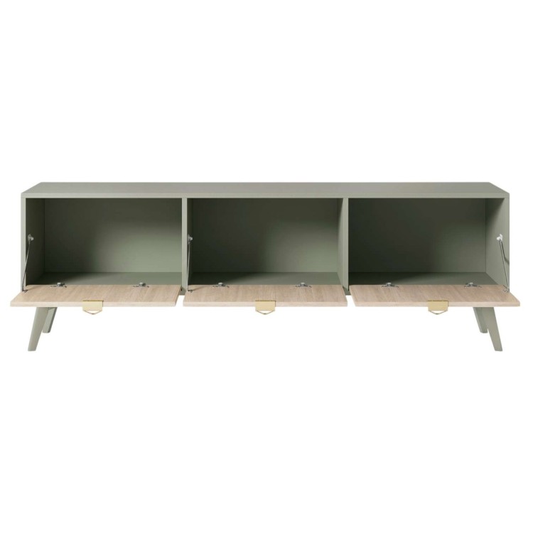 Komoda RTV ELEGIA skandynawska beż/eukaliptus 158 cm z półkami minimalistyczna BOHO