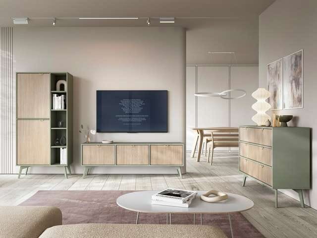 Komoda RTV ELEGIA skandynawska beż/eukaliptus 158 cm z półkami minimalistyczna BOHO