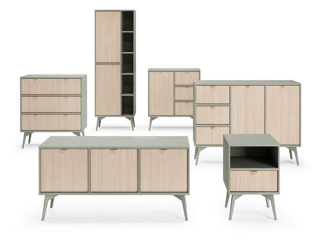 Komoda RTV ELEGIA skandynawska beż/eukaliptus 158 cm z półkami minimalistyczna BOHO