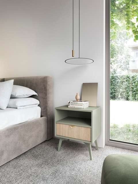 Komoda RTV ELEGIA skandynawska beż/eukaliptus 158 cm z półkami minimalistyczna BOHO