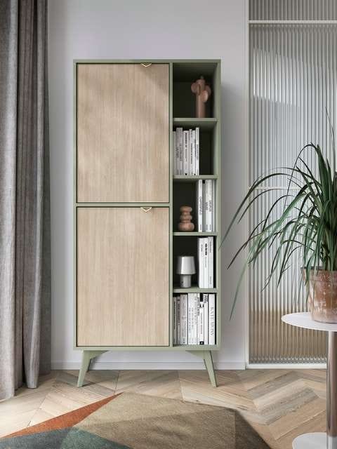 Komoda RTV ELEGIA skandynawska beż/eukaliptus 158 cm z półkami minimalistyczna BOHO