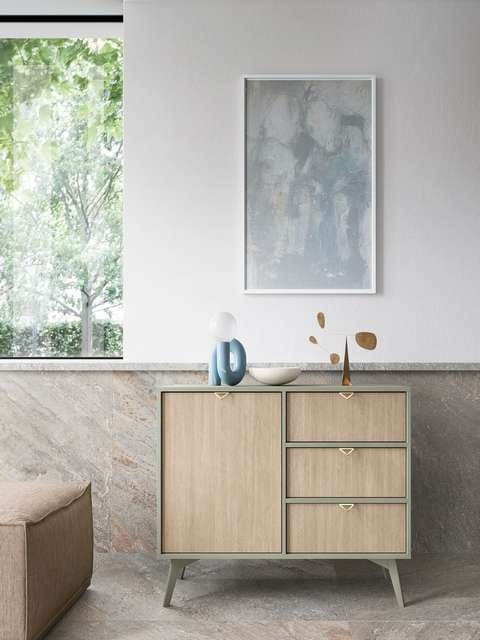 Komoda RTV ELEGIA skandynawska beż/eukaliptus 158 cm z półkami minimalistyczna BOHO