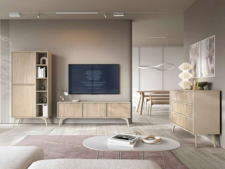 Komoda RTV ELEGIA beżowa skandynawska 158 cm z półkami minimalistyczna