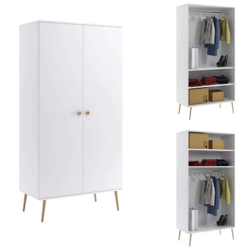 SZAFA biała ROSE SKANDYNAWSKA DRĄŻEK + DWIE PÓŁKI nogi DREWNIANE WYSOKIE