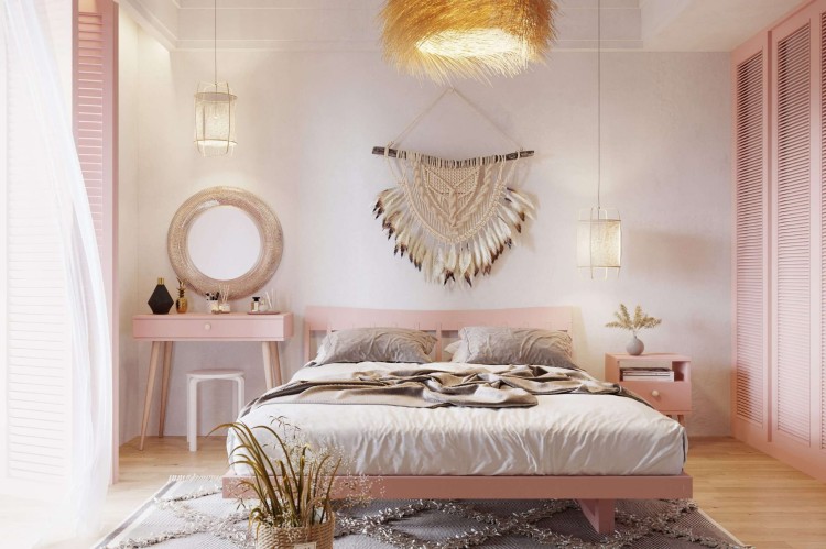 TOALETKA różowa ROSE KONSOLA 90 cm BOHO szuflada drewniane nóżki SKANDYNAWSKA