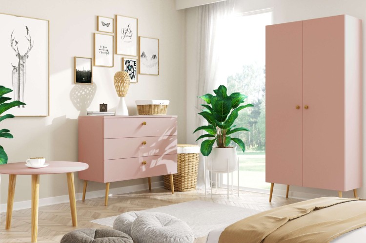 TOALETKA różowa ROSE KONSOLA 90 cm BOHO szuflada drewniane nóżki SKANDYNAWSKA