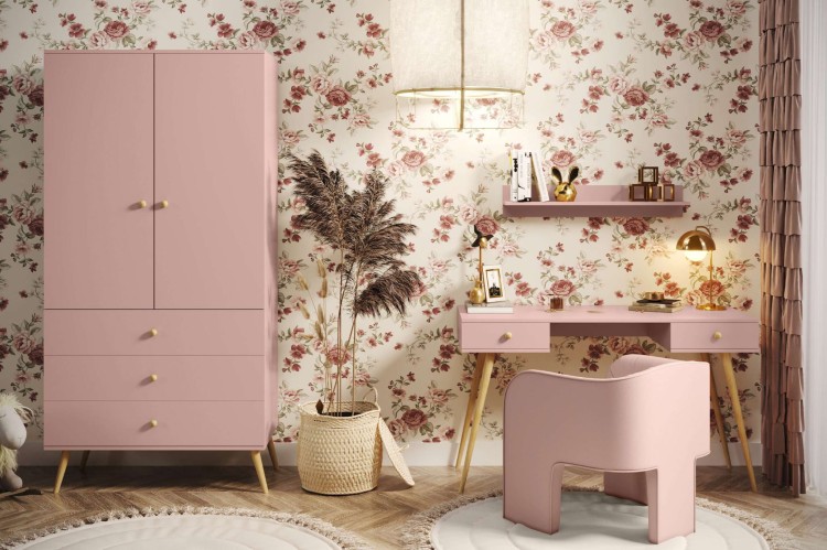 TOALETKA różowa ROSE KONSOLA 90 cm BOHO szuflada drewniane nóżki SKANDYNAWSKA