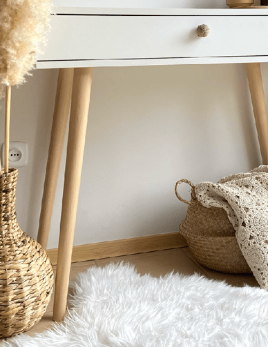 TOALETKA ROSE beżowa macchiato KONSOLA 90 cm BOHO szuflada drewniane nóżki SKANDYNAWSKA