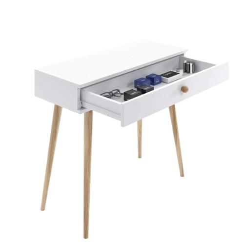 TOALETKA biała ROSE KONSOLA 90 cm BOHO szuflada drewniane nóżki SKANDYNAWSKA